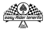 A black and white logo for easy rider tenerife with checkered flags and a spade.