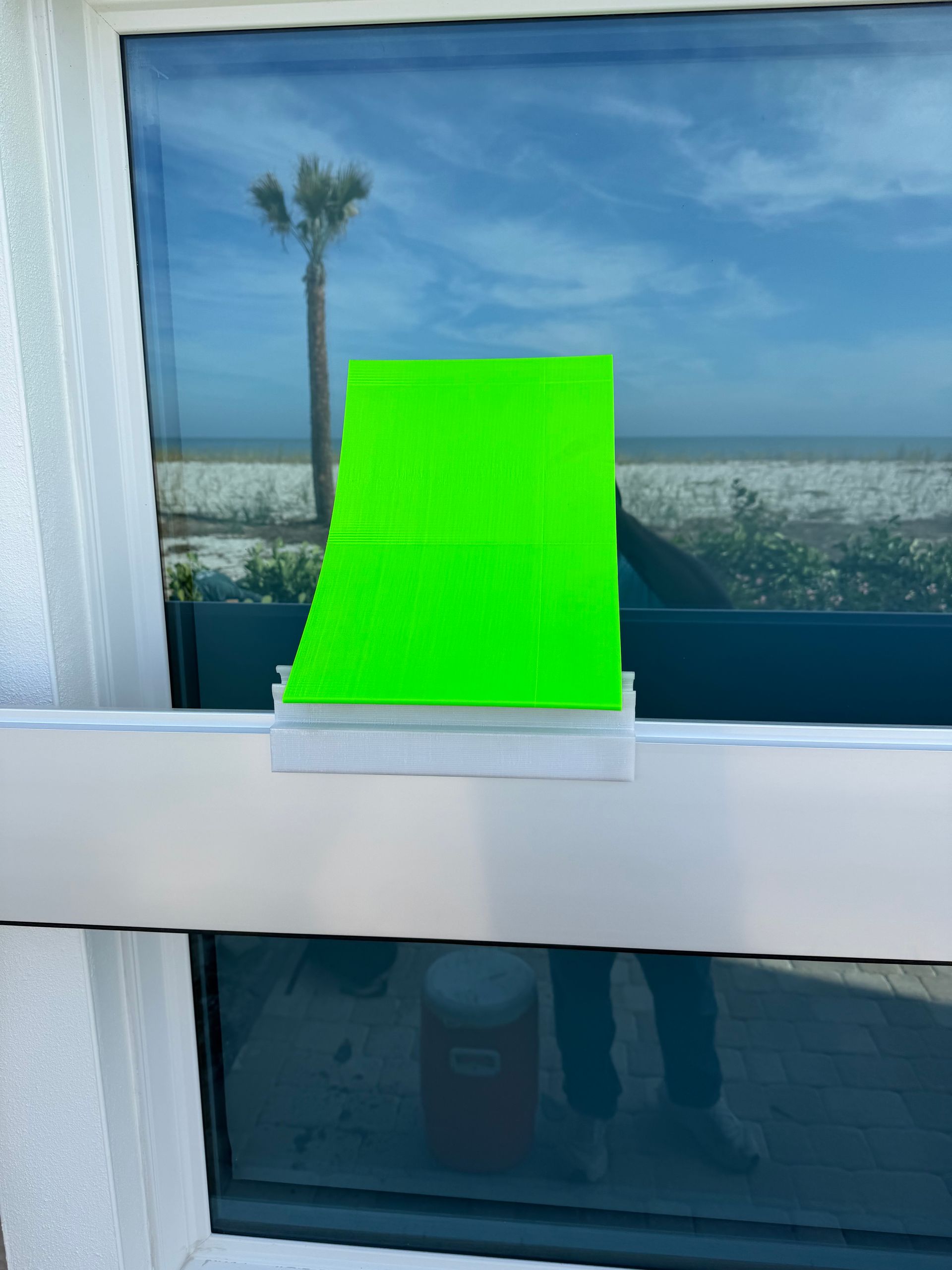Green object on window sill, beach and sky visible through window.