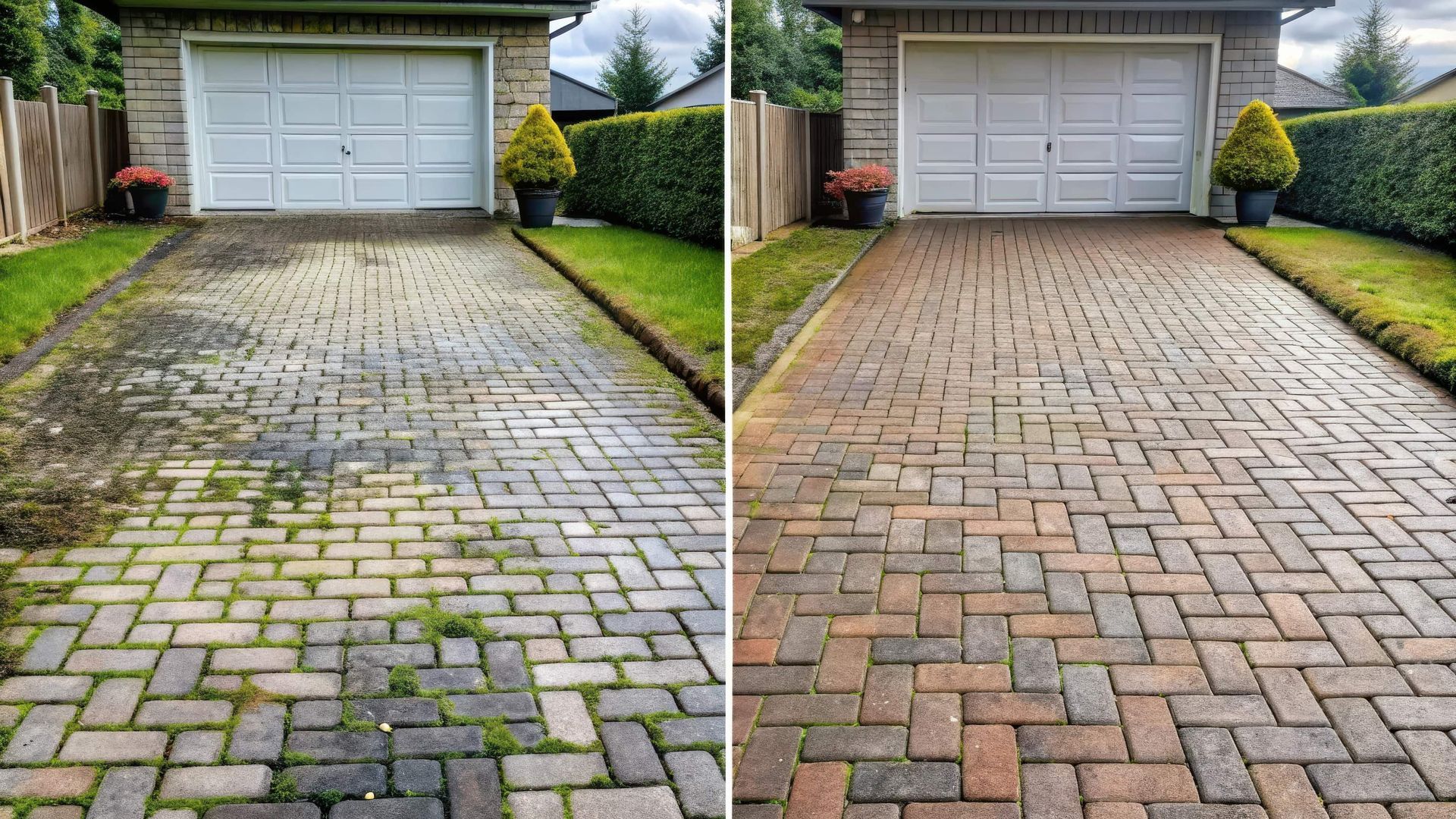 Before-and-after of a brick driveway: left mossy and overgrown, right cleaned and restored before a garage