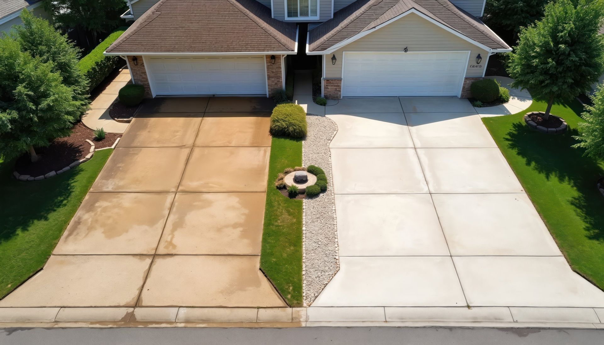 Two adjacent suburban driveways, one stained tan and one clean white, with a small landscaped strip between them