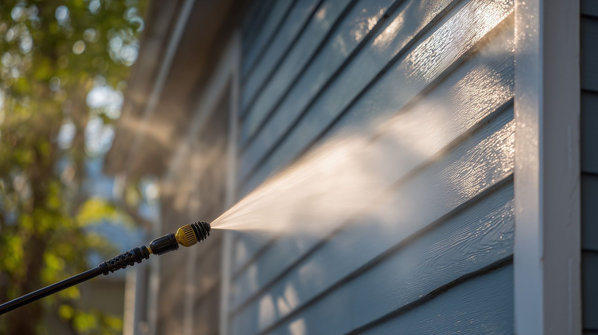 Pressure washing a gray house wall, with water spraying from a black wand toward the siding.