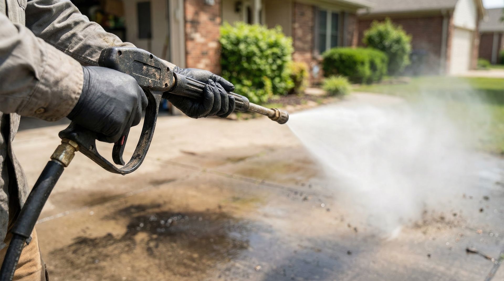 Person pressure-washing a driveway beside a brick house, spraying water over wet pavement