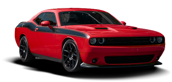 Red Dodge Challenger with black racing stripes and black wheels | Hornick's Diesel & Auto Repair