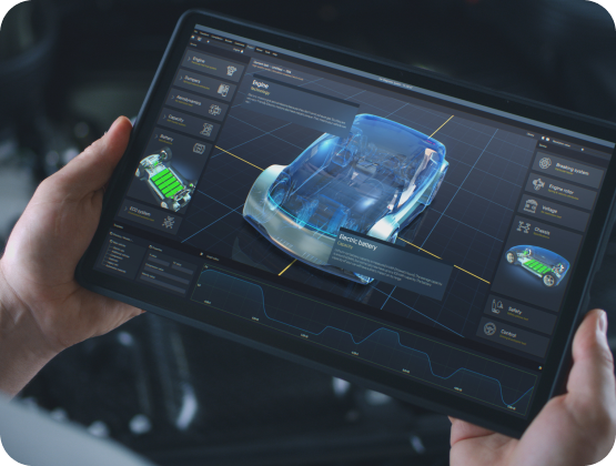 Hands holding a tablet displaying a 3D car engine diagram with data readouts; dark background | Hornick's Diesel & Auto Repair