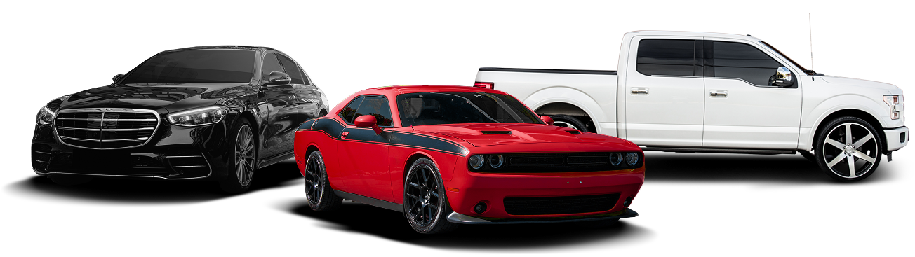 A black sedan, red coupe, and white pickup truck are displayed against a white backdrop | Hornick's Diesel & Auto Repair