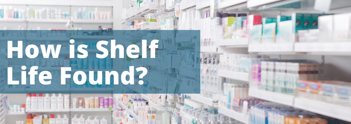 A blurred image of a shelf in a pharmacy with the words `` how is shelf life found ''.