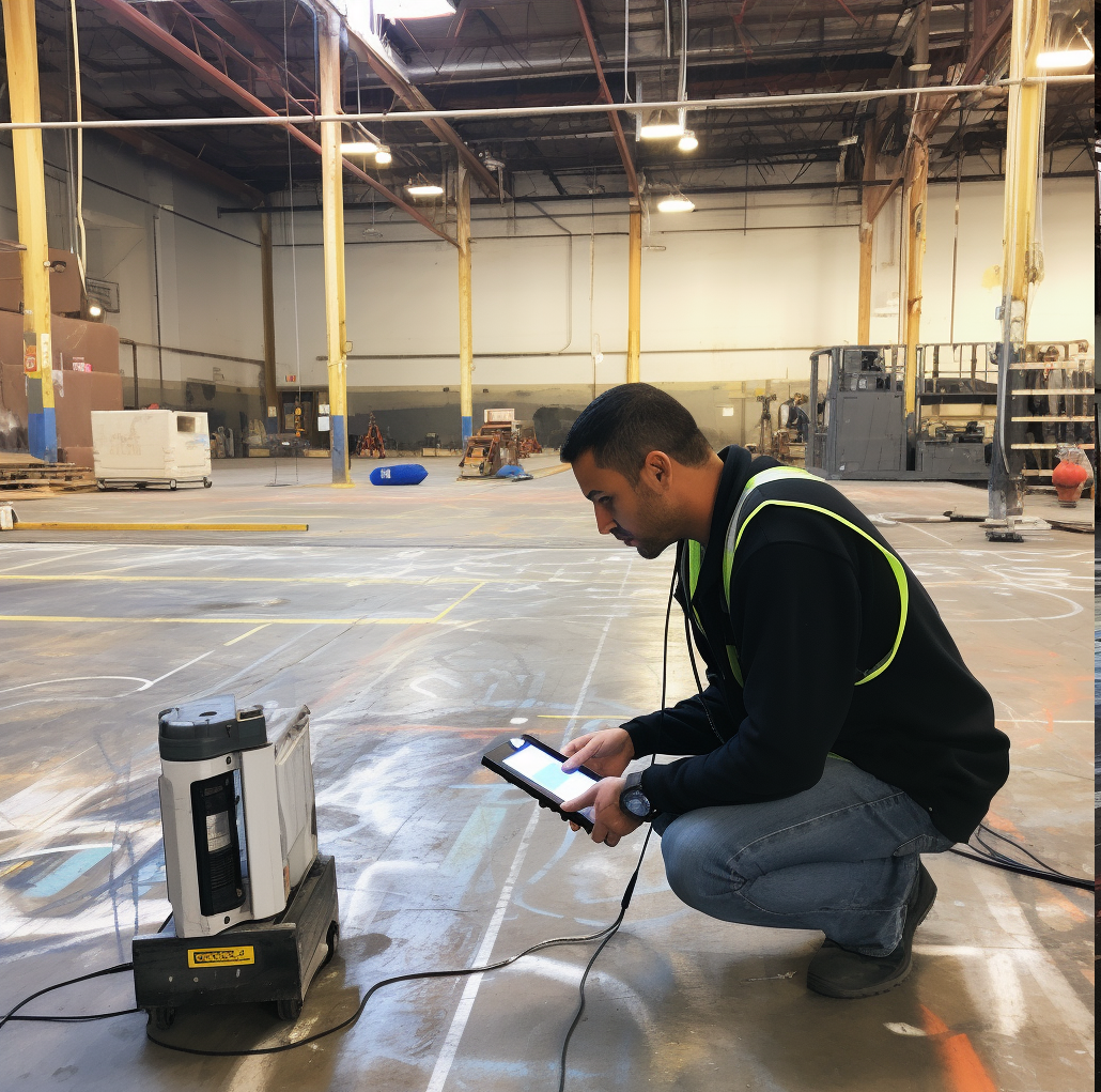 A man is kneeling down in a warehouse looking at a tablet