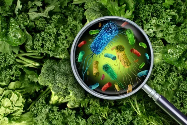 A magnifying glass is looking at bacteria in a bunch of green vegetables.