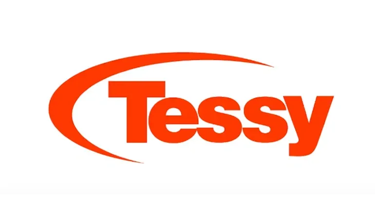 A red and white logo for tessy on a white background