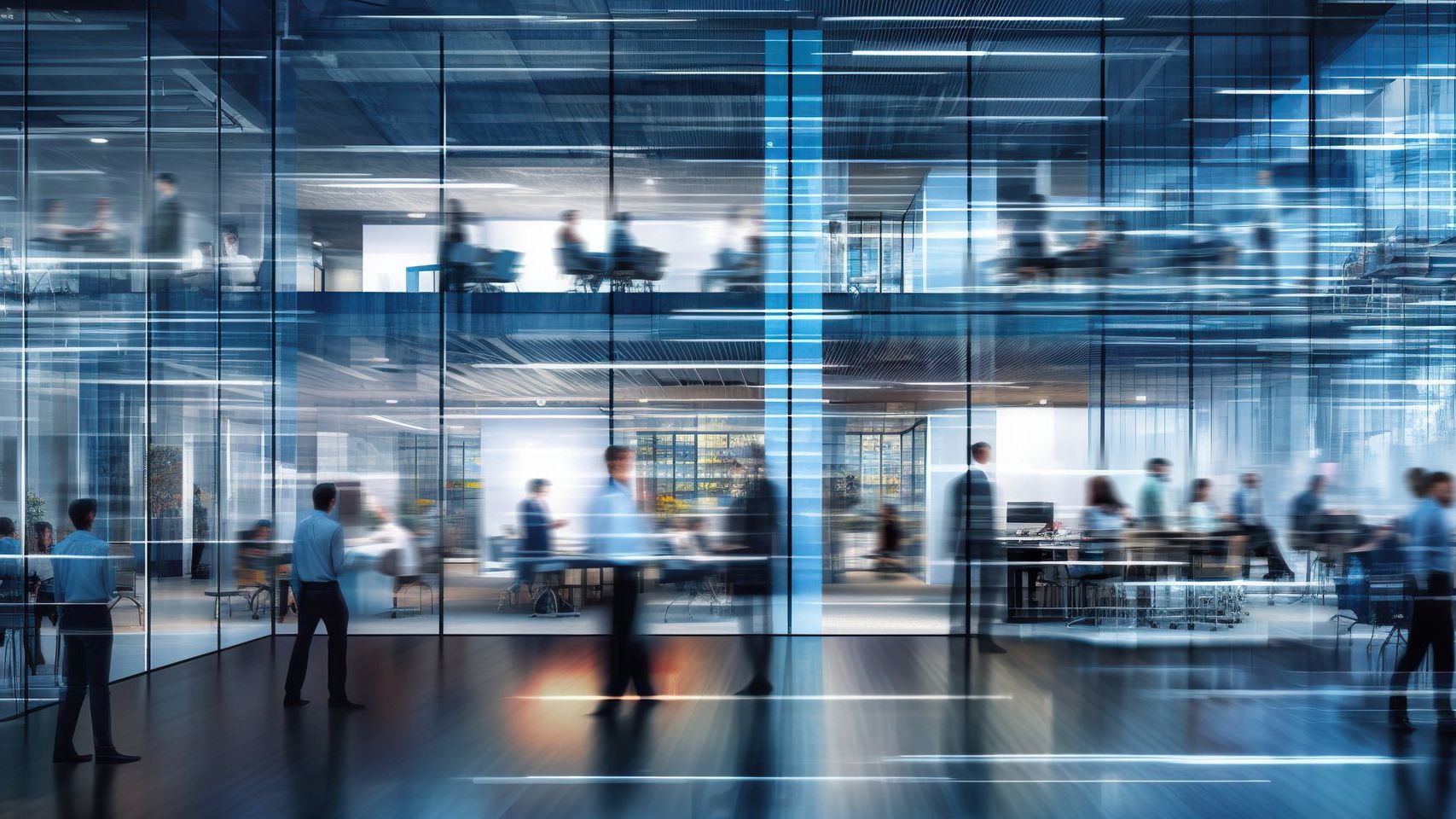 Long exposure banner of busy crowded office hallway with business people