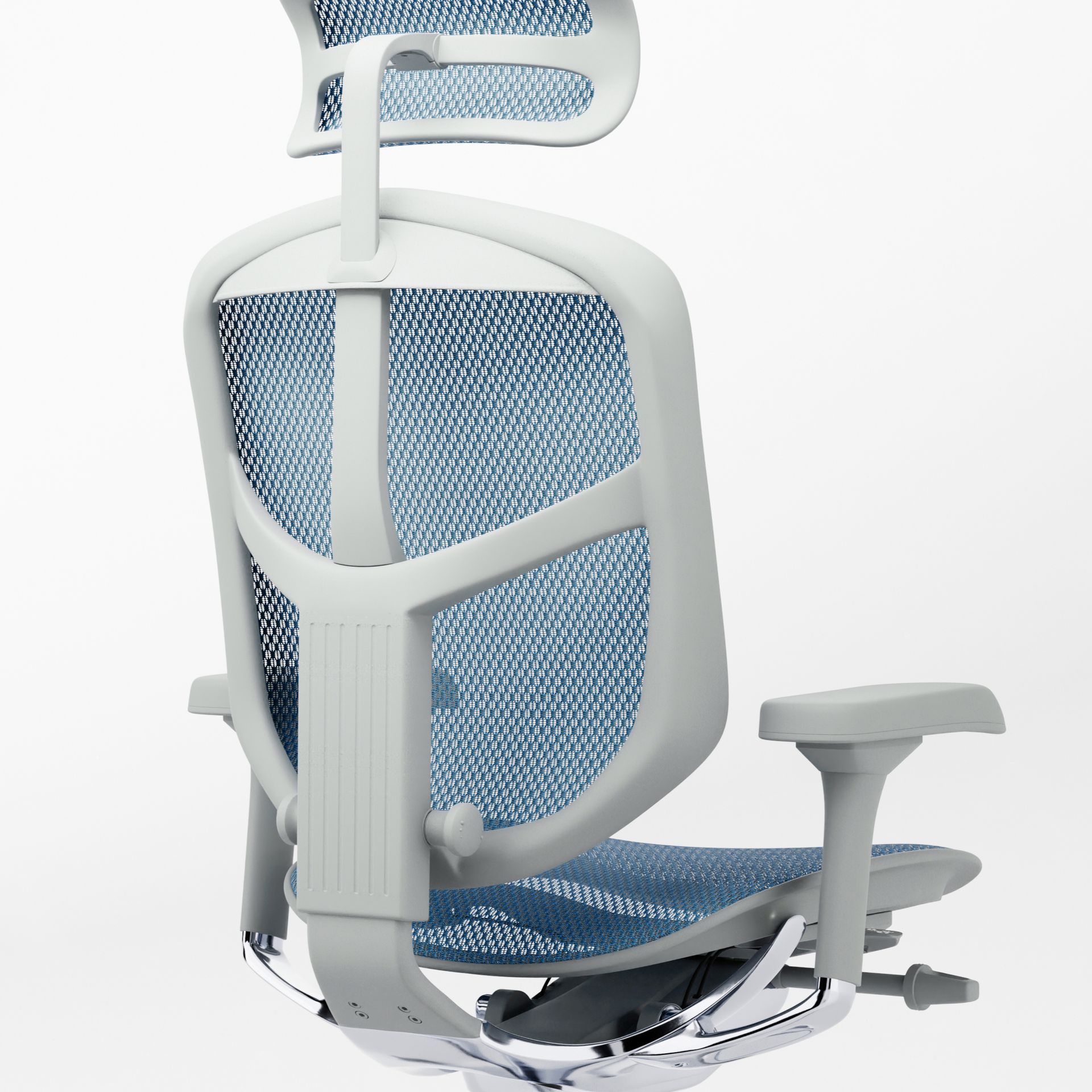 enjoy office chair facing back right 45-degree angle. the chair is grey frame with blue mesh.