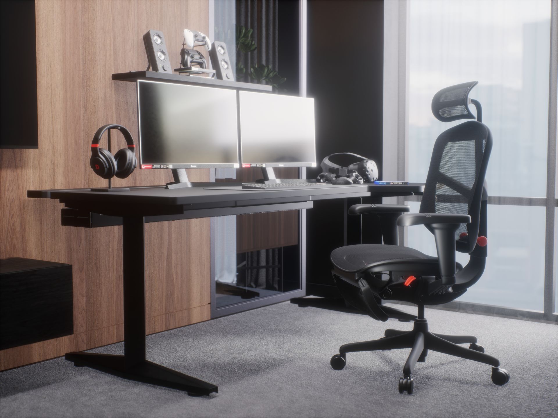 black ergonomic gaming chair at a gaming desk with two monitors