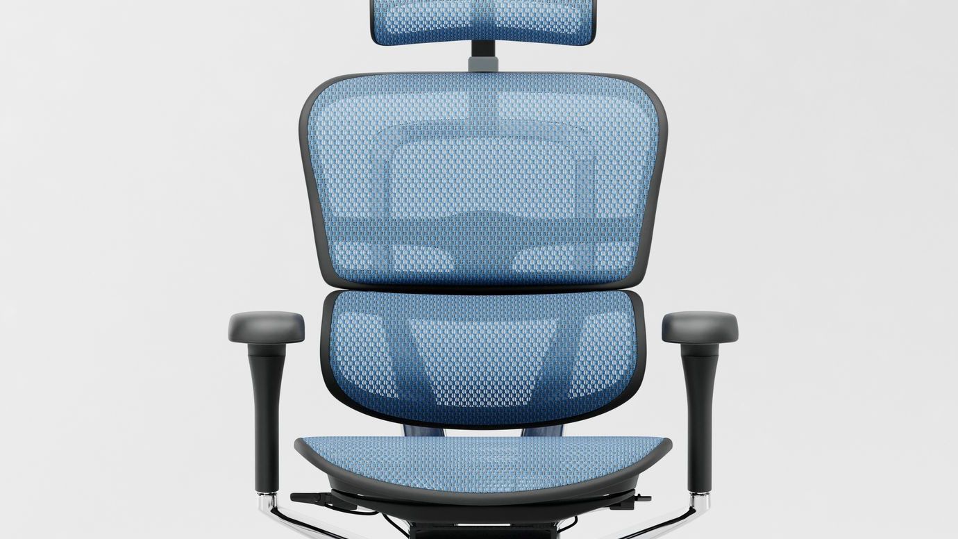 Front closeup view of an Ergohuman Elite office chair with a black frame and blue mesh upholstery