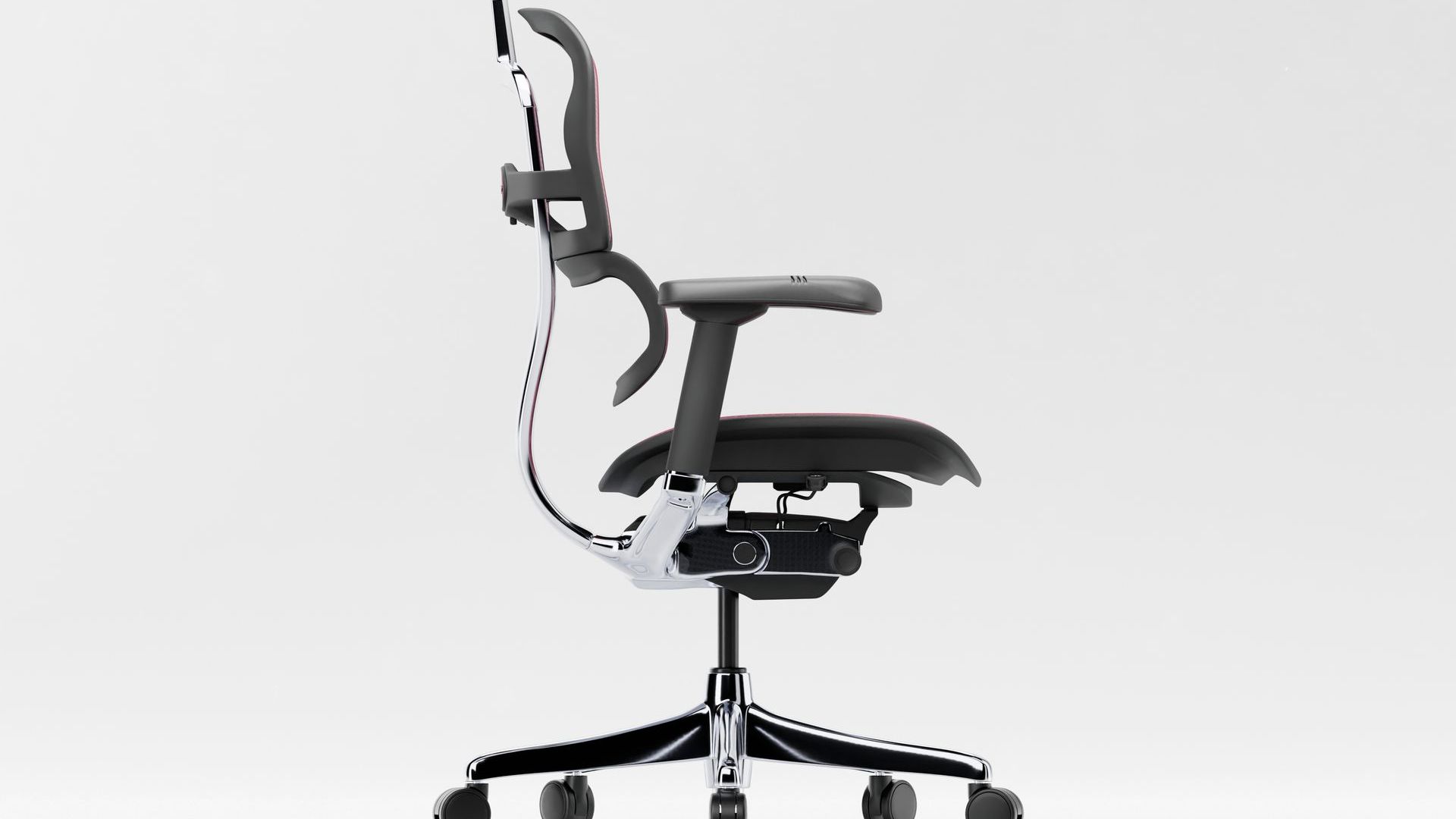 Right profile view of the Ergohuman Elite with a black frame; the chair is situated against a white backdrop. 