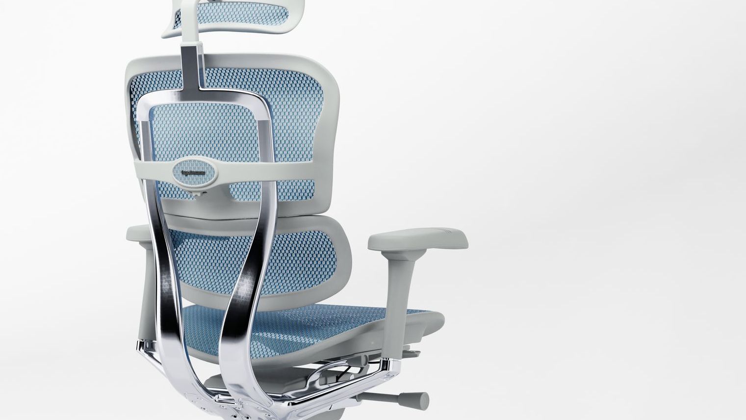 Rear view of an Ergohuman Elite office chair with a grey frame and blue mesh upholstery