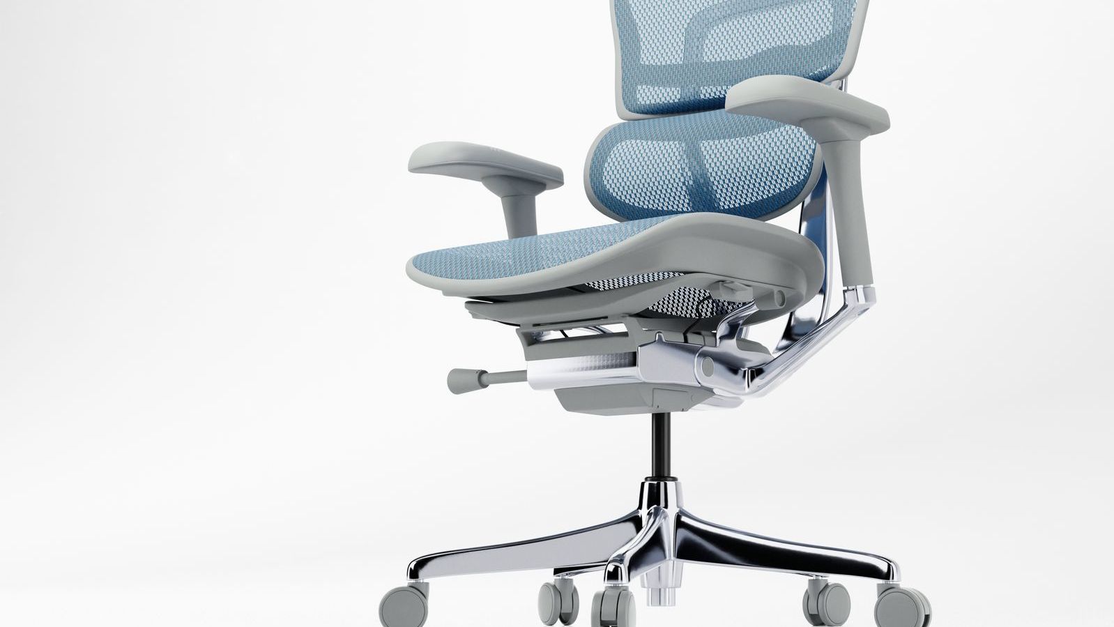 Ergohuman Elite office chair with a grey frame and blue mesh upholstery, facing front left 45-degree angle
