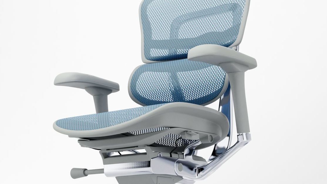 Ergohuman Elite office chair with a grey frame and blue mesh upholstery