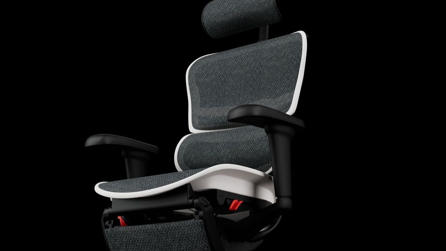 Ergohuman Ultra gaming chair with a white frame, facing front left at a 45-degree angle, against a black background