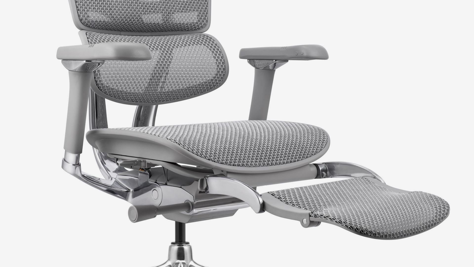 Ergohuman grey frame with grey mesh with the legrest up and the chair reclining back. 