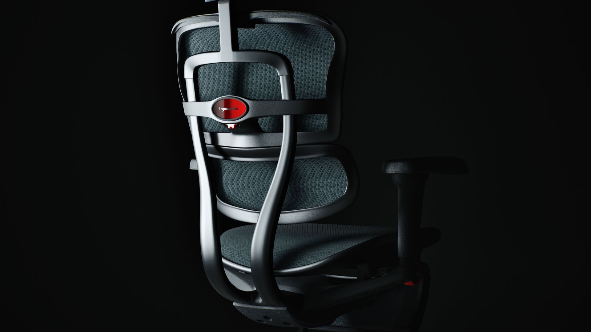 Ergohuman Ultra gaming chair with a black frame, facing back 45-degrees to the right, against a black background