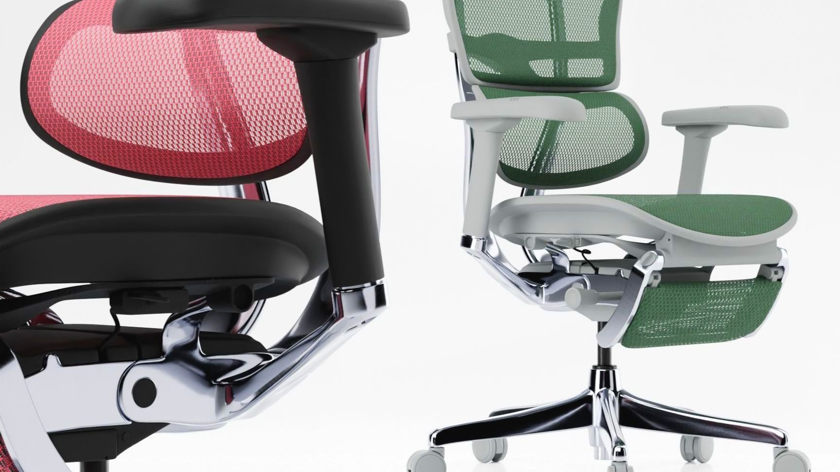 Two Ergohuman Elite Generation Two office chairs on a white background, facing away from each other. The one on the right is a grey frame and green mesh. The other chair is a black frame with scarlet mesh. 