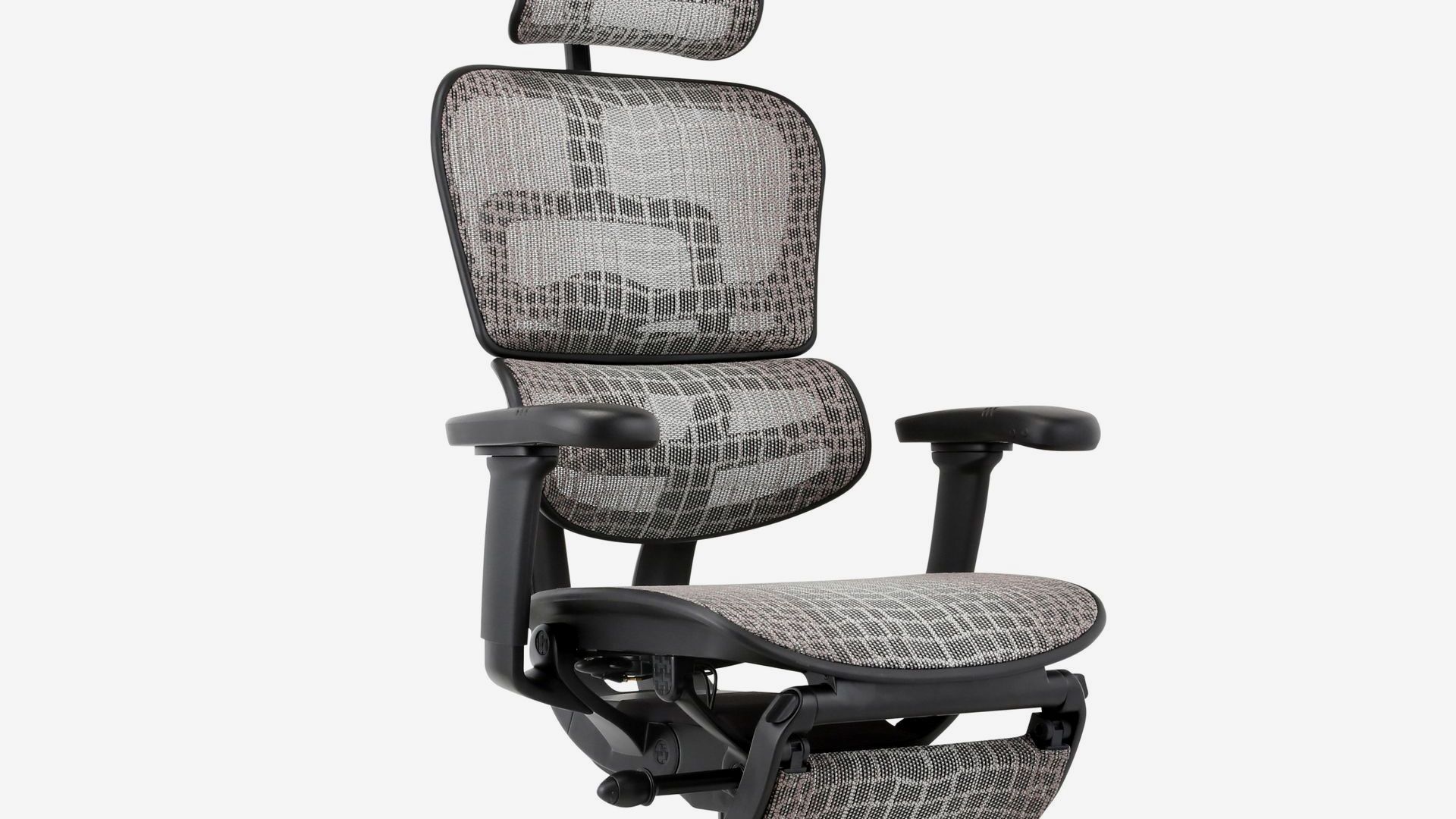 Ergohuman Carbon gaming chair with a black frame and grey snakeskin patterrned mesh upholstery