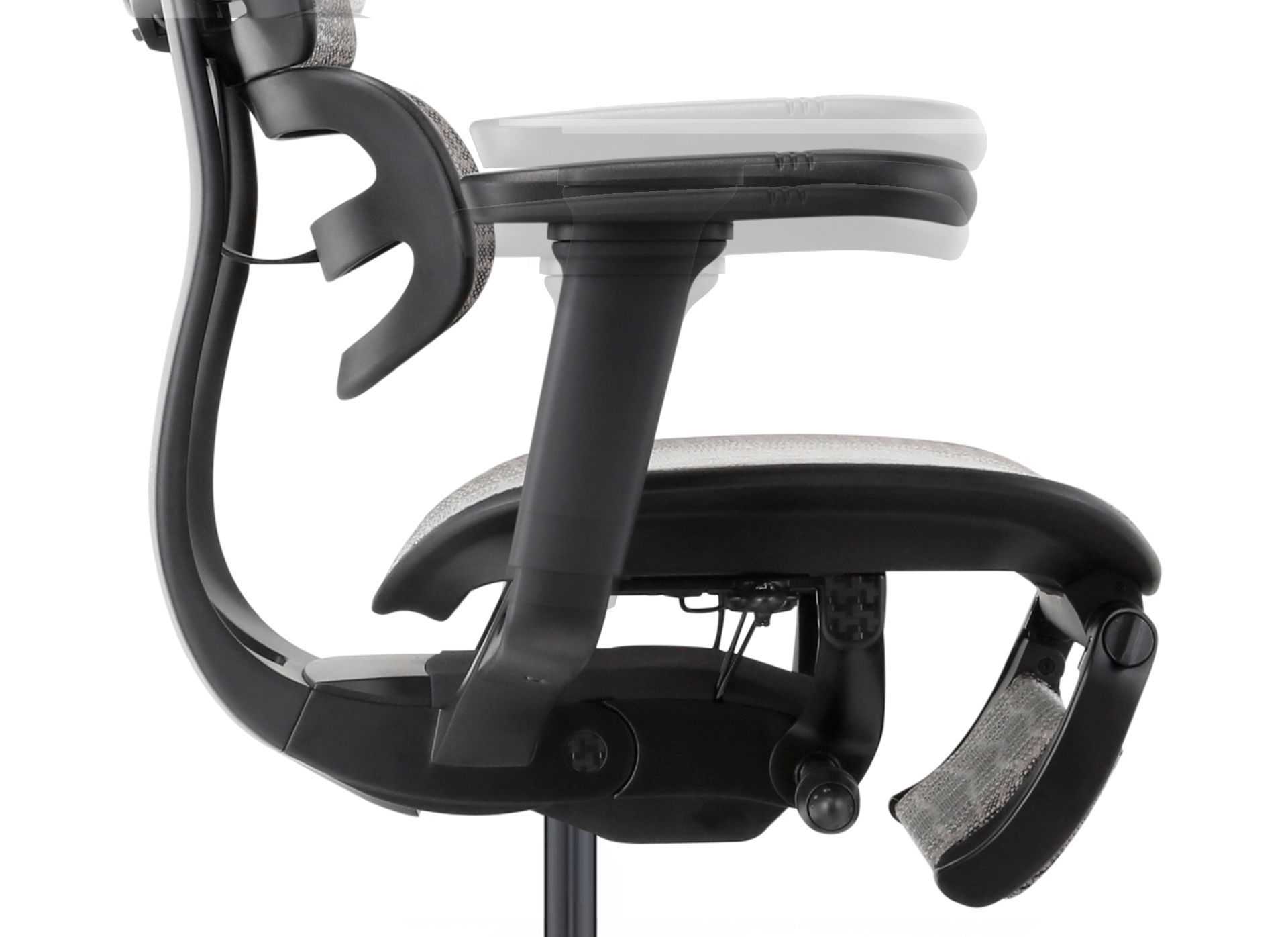 Profile view of the Ergohuman Carbon gaming chair armrest, showcasing height adjustment