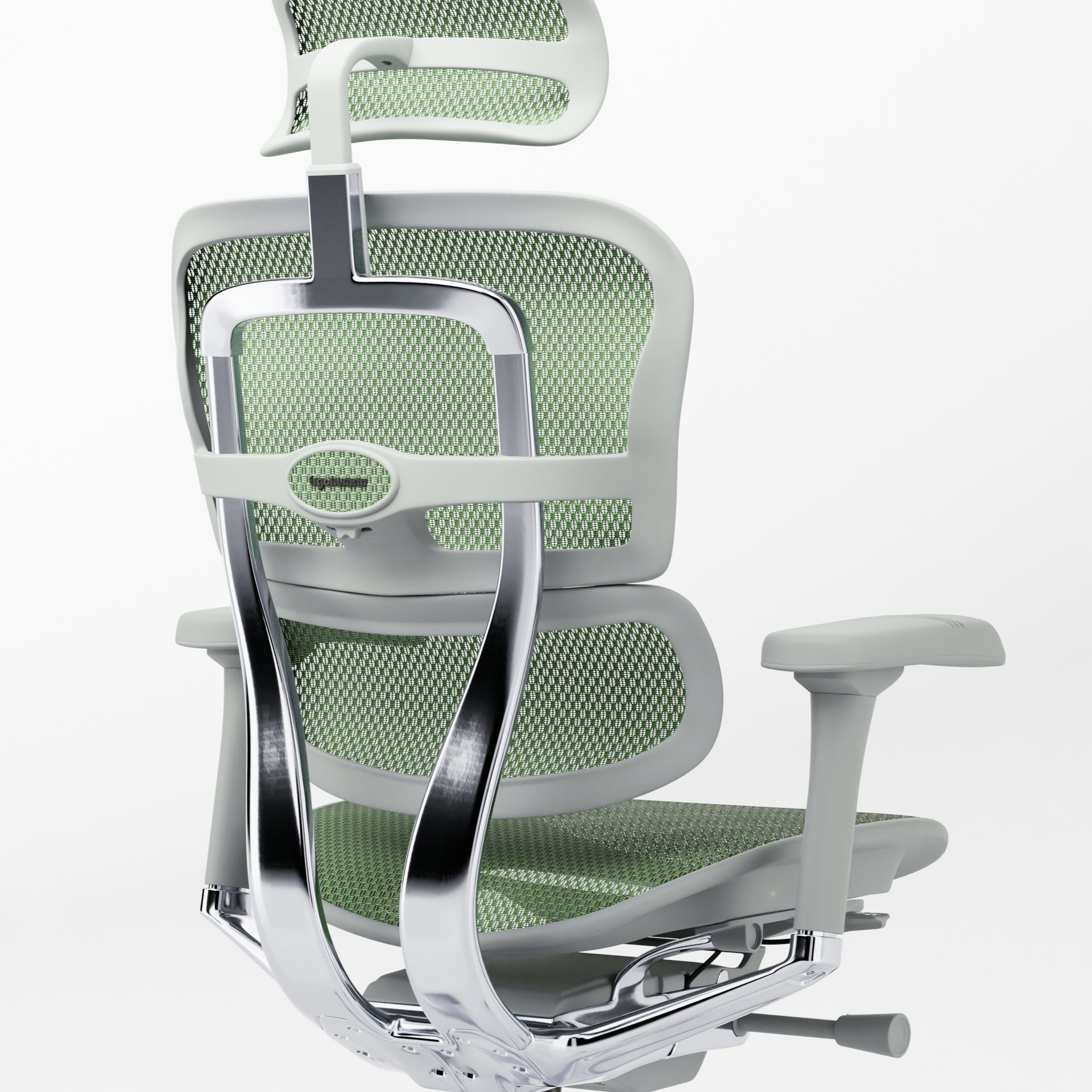 ergohuman office chair facing back right 45-degree angle. the chair is grey frame with green mesh.