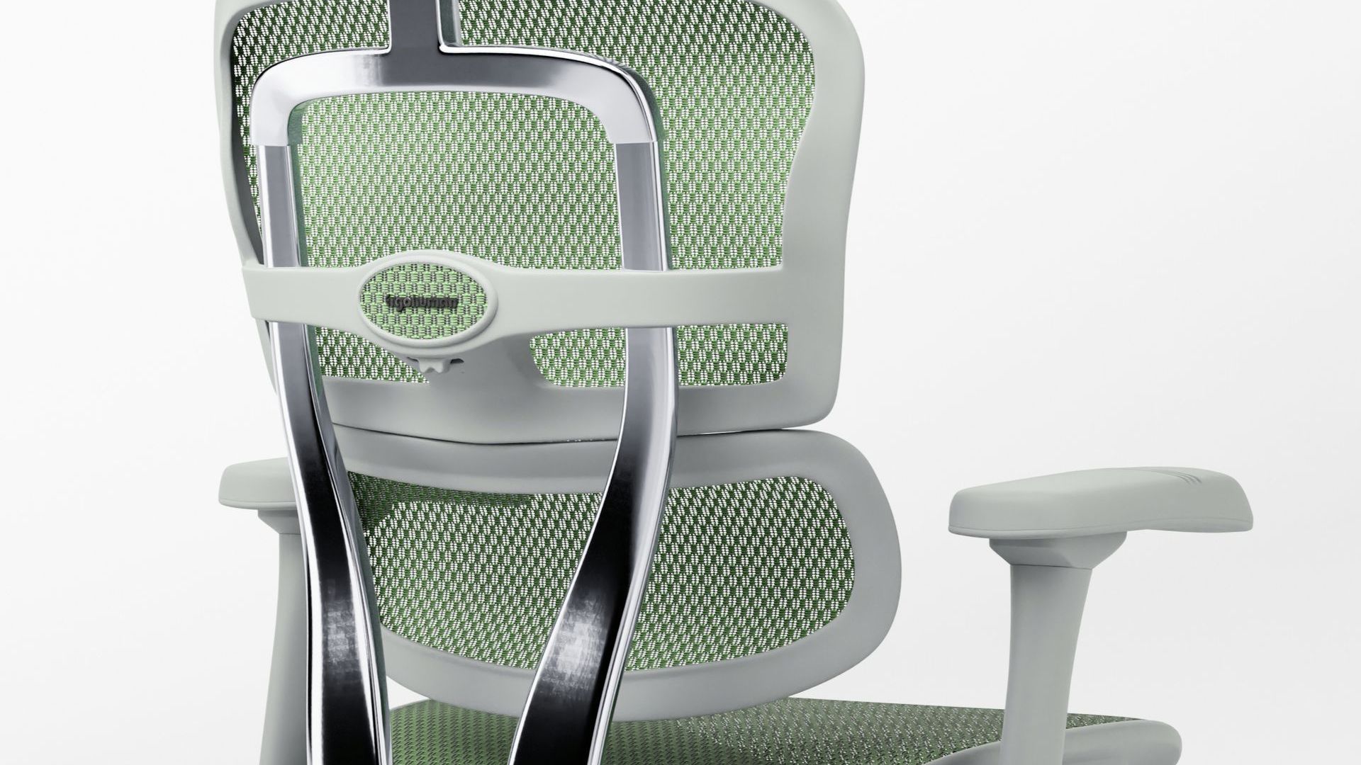 Close up view of the back of the Ergohuman Elite office chair in grey frame with green mesh 
