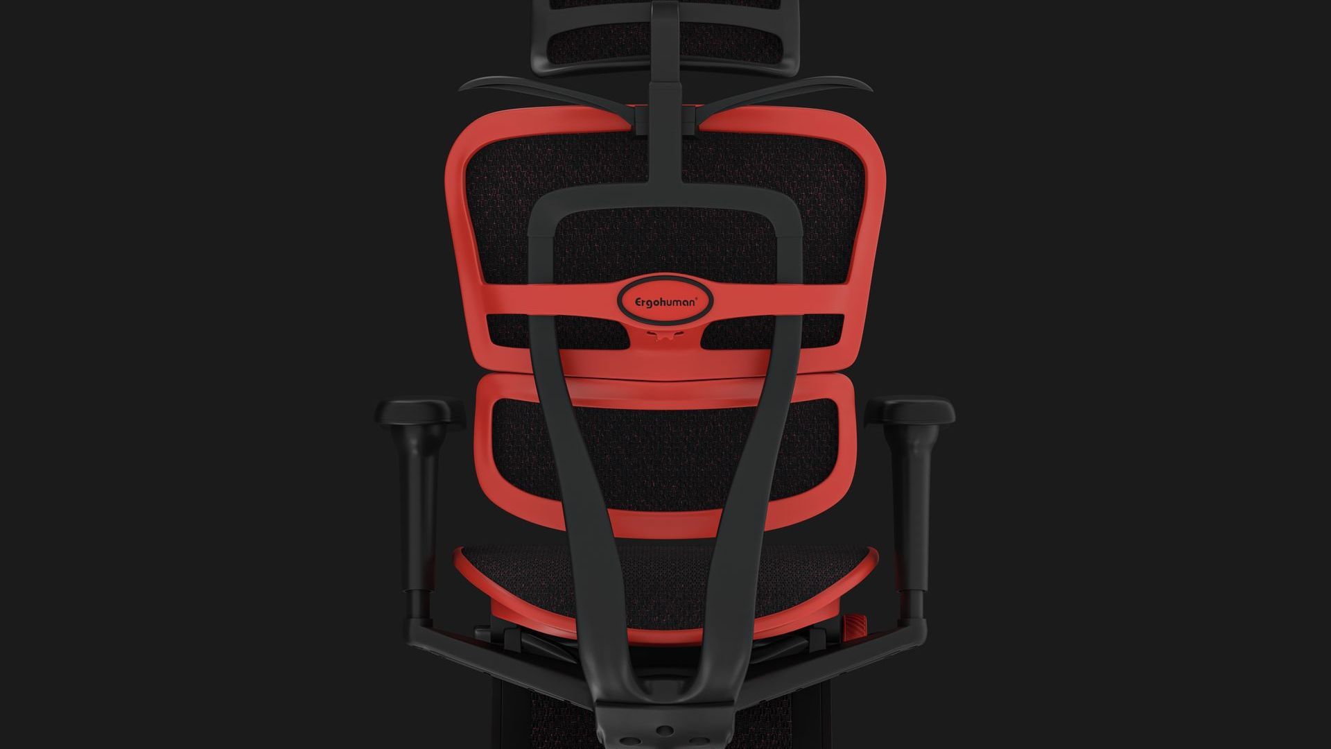 Back view of the Ergohuman Ultra gaming chair with a red frame, coathanger popped open, black background. 