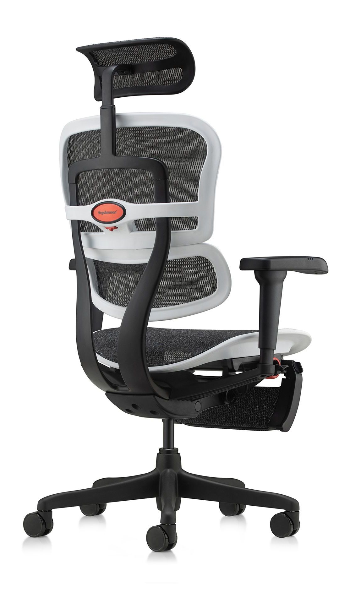 ergohuman gaming chair in white frame facing back right