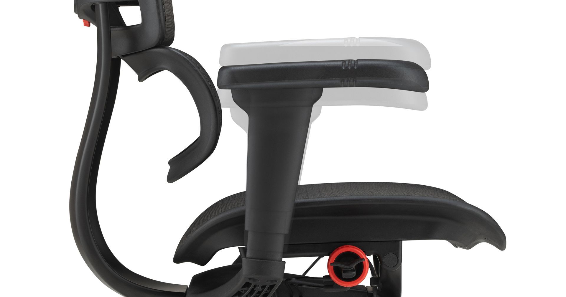 Profile view of the Ergohuman Ultra gaming chair armrest, showcasing height adjustment