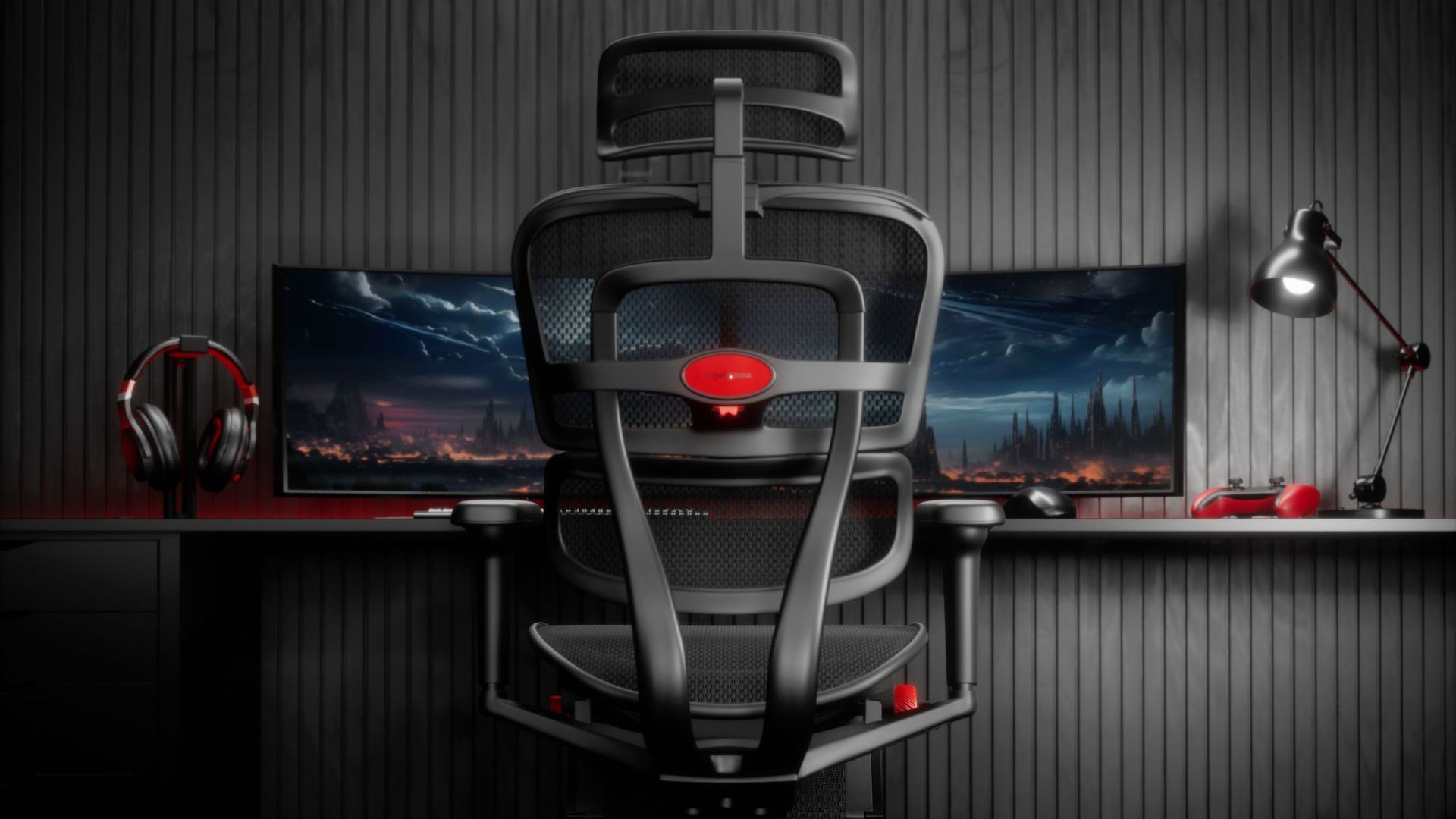 Best gaming chair of 2024
Rear view of the Ergohuman Ultra gaming chair in black. The chair is facing a black desk with two monitors on it. The monitors show a gaming landscape. There is a pair of headphones, a controller & a lamp on the desk. The wall behind the desk is black with panelling. 