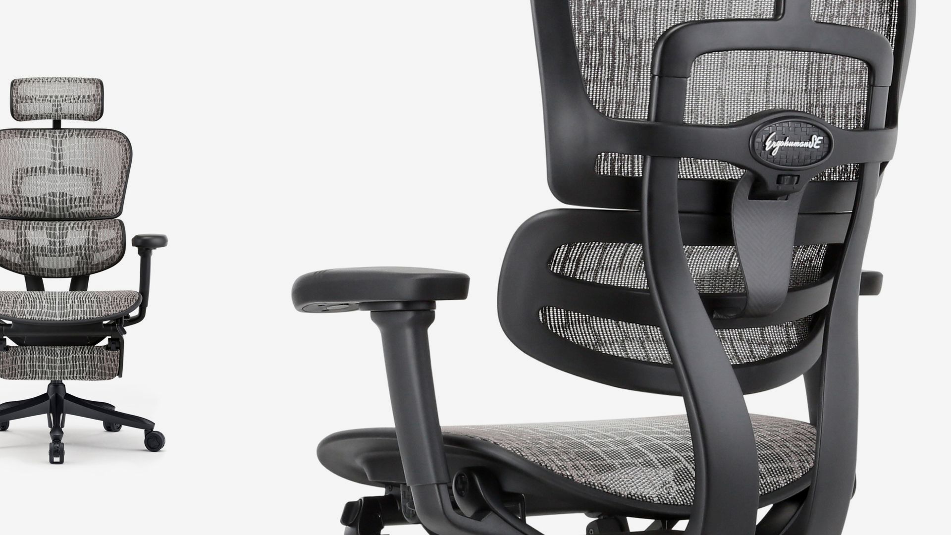 Two Ergohuman Carbon chairs against a white background. One chair is facing at an angle towards the back and the other is facing forward.