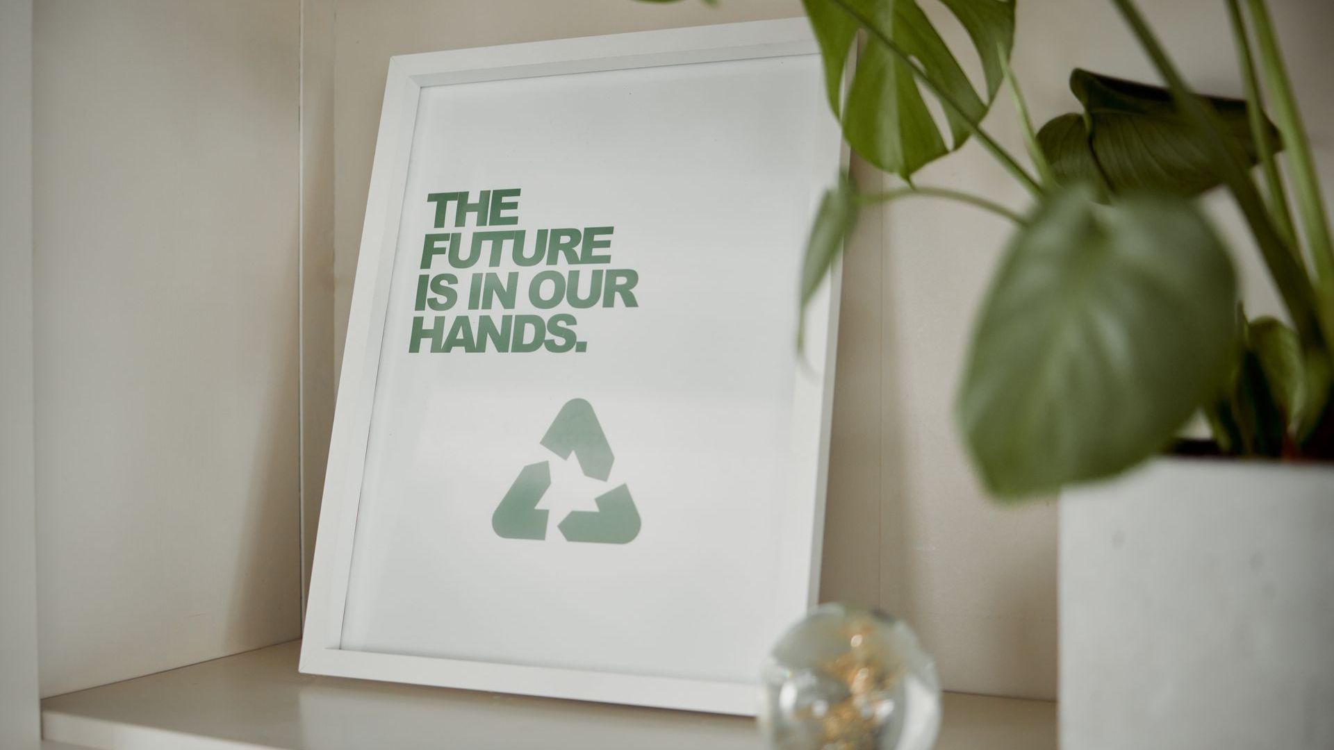 Close up of a framed sign that says THE FUTURE IS IN OUR HANDS with a recycled icon under