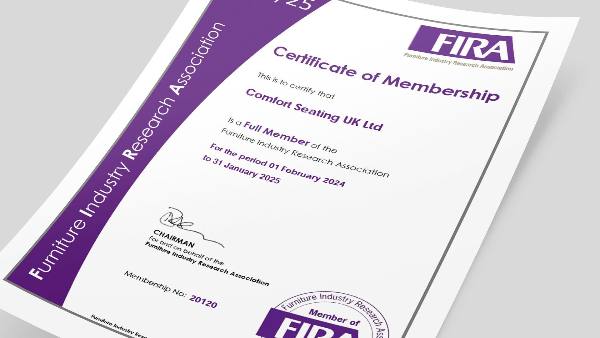 Certificate of FIRA membership for Comfort Seating UK Ltd