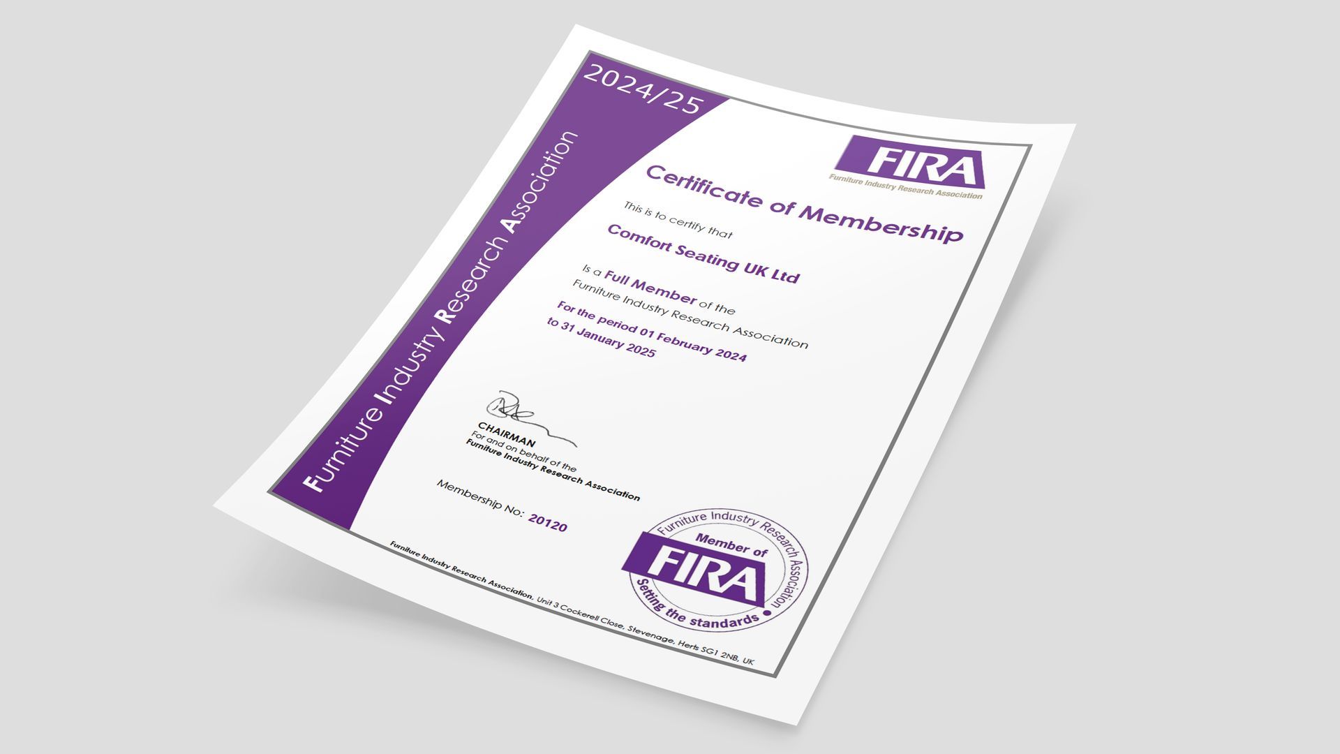 A photo of the FIRA membership certificate to certify that Comfort Seating - owner of Ergohuman - is a full member. 