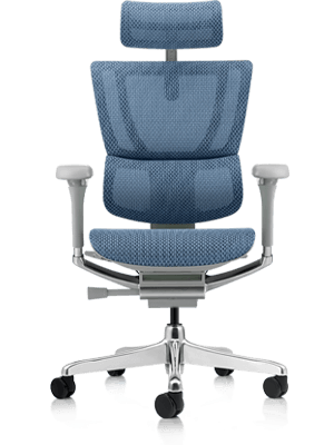 Blue Mirus Elite G2 office chair with grey frame, including headrest.