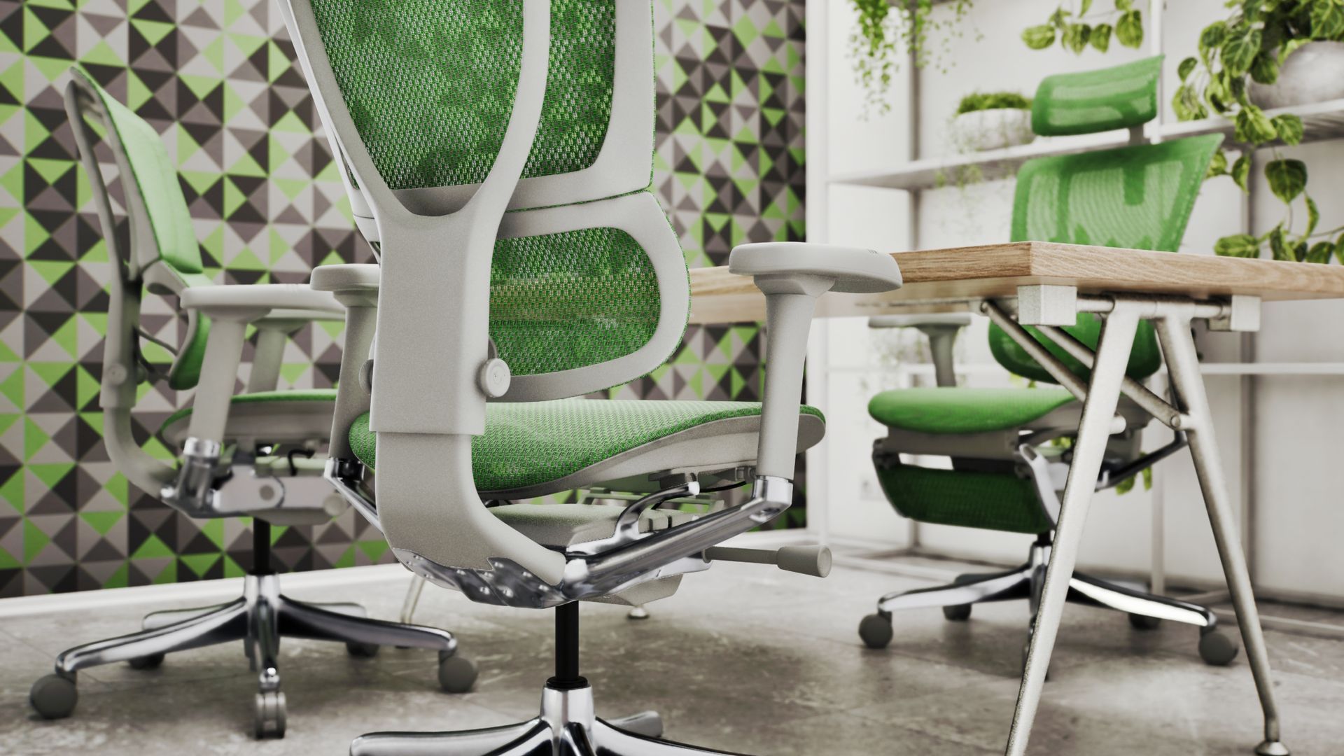 Green Ergohuman office chair in a corporate environment. It's a comfortable office chair with over a dozen adjustable features