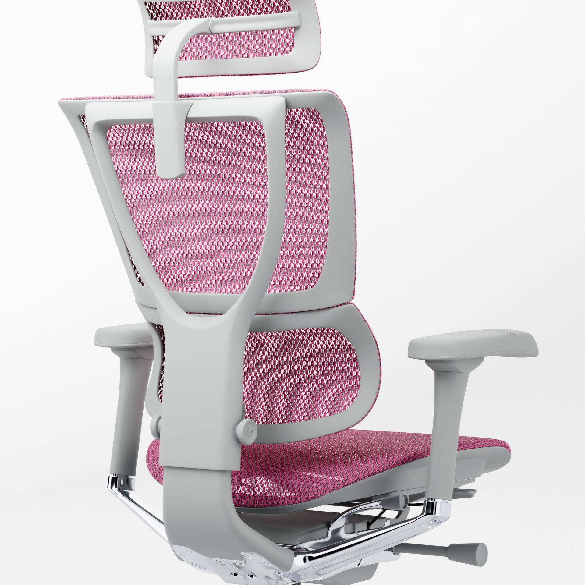 mirus office chair facing back right 45-degree angle. the chair is grey frame with pink mesh.