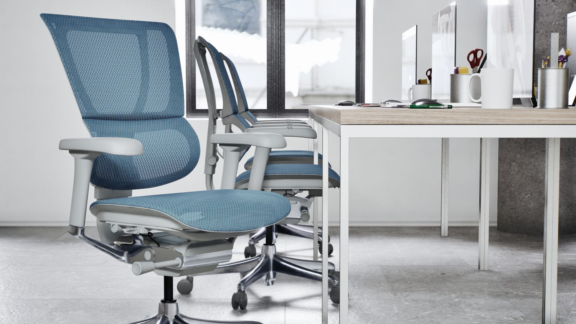 Mirus grey and blue mesh ergonomic chair