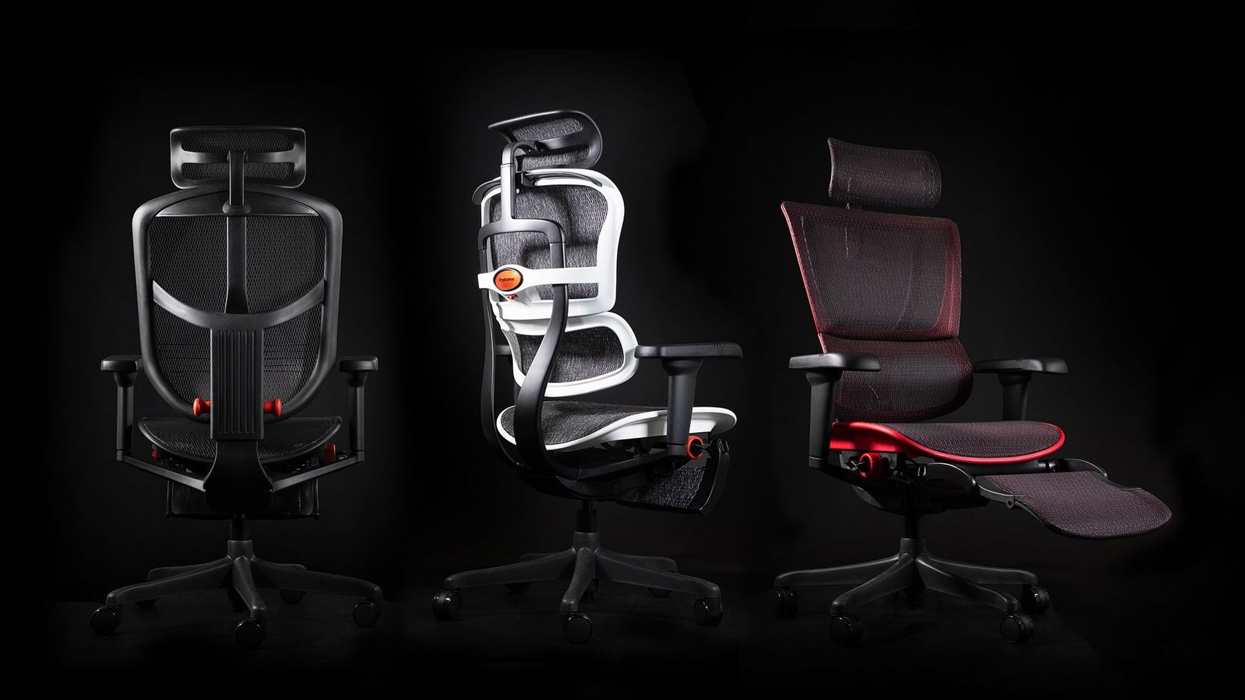 Three mesh gaming chairs - the Enjoy Ultra with black frame, the Ergohuman Ultra with white frame, and the Mirus Ultra with red frame. 