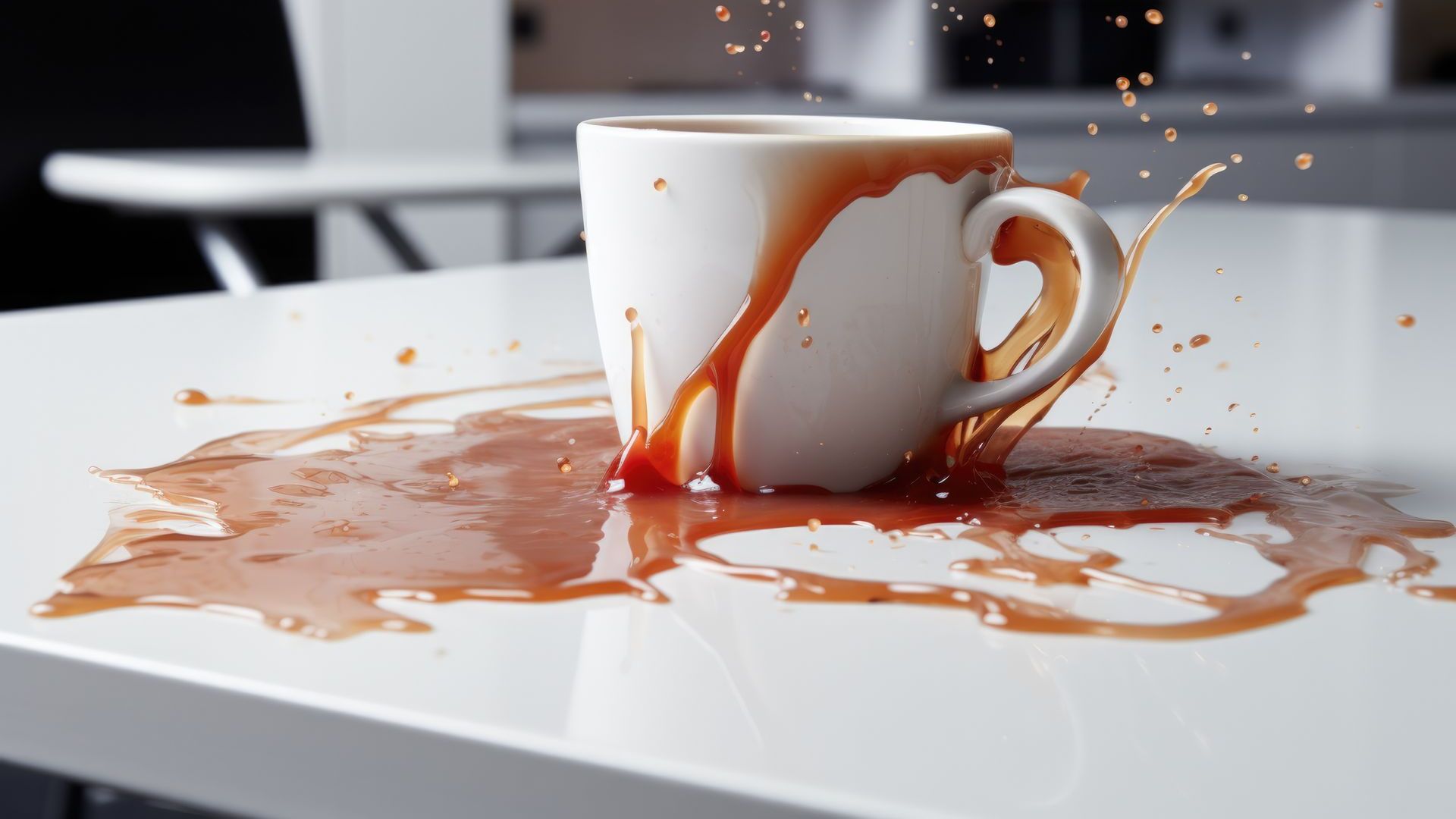 Coffee dramatically spilling out of a white mug onto a white table. 