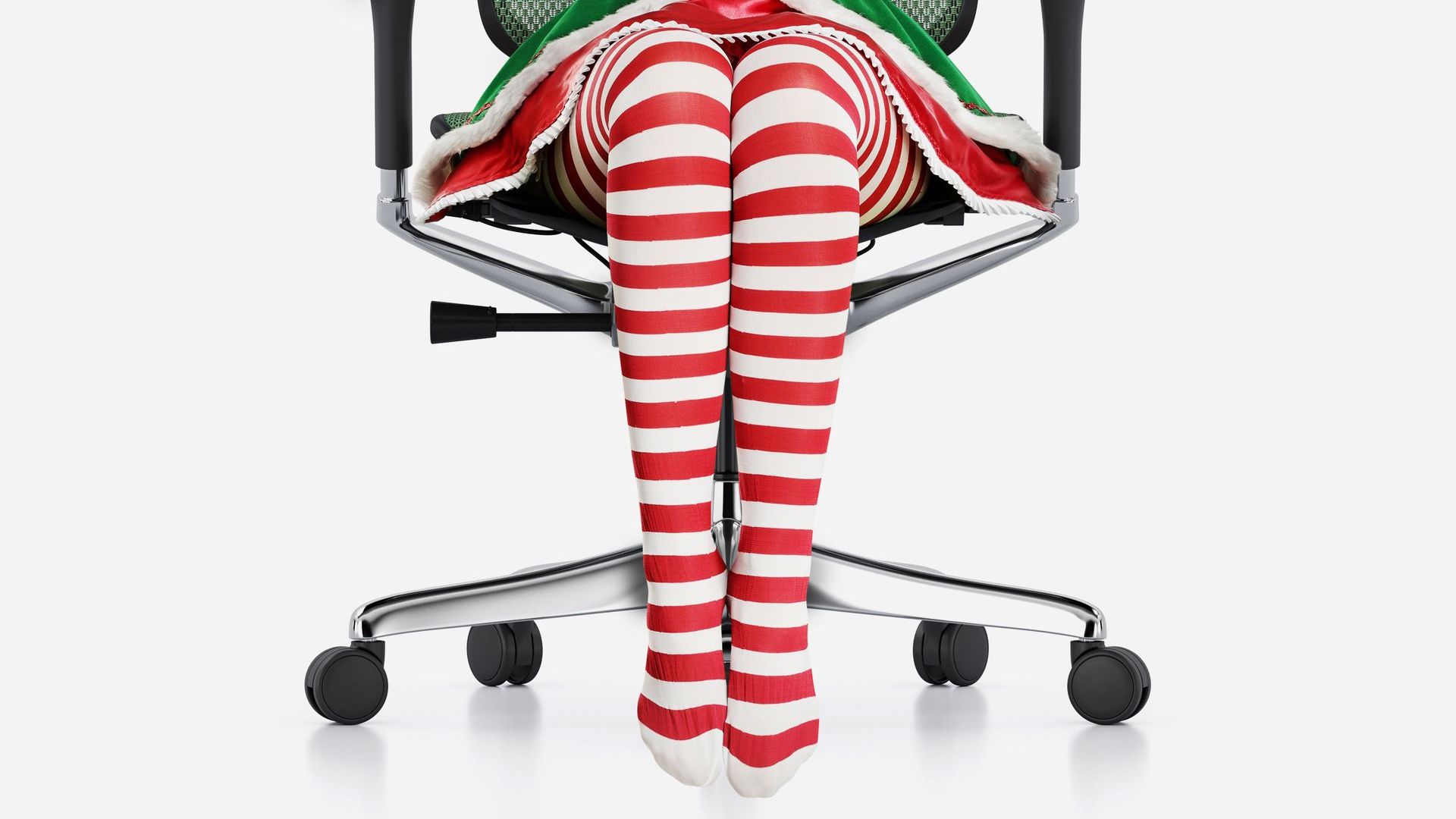 a girl wearing red and white striped tights and a green dress sitting in a Comfort Ergohuman chair