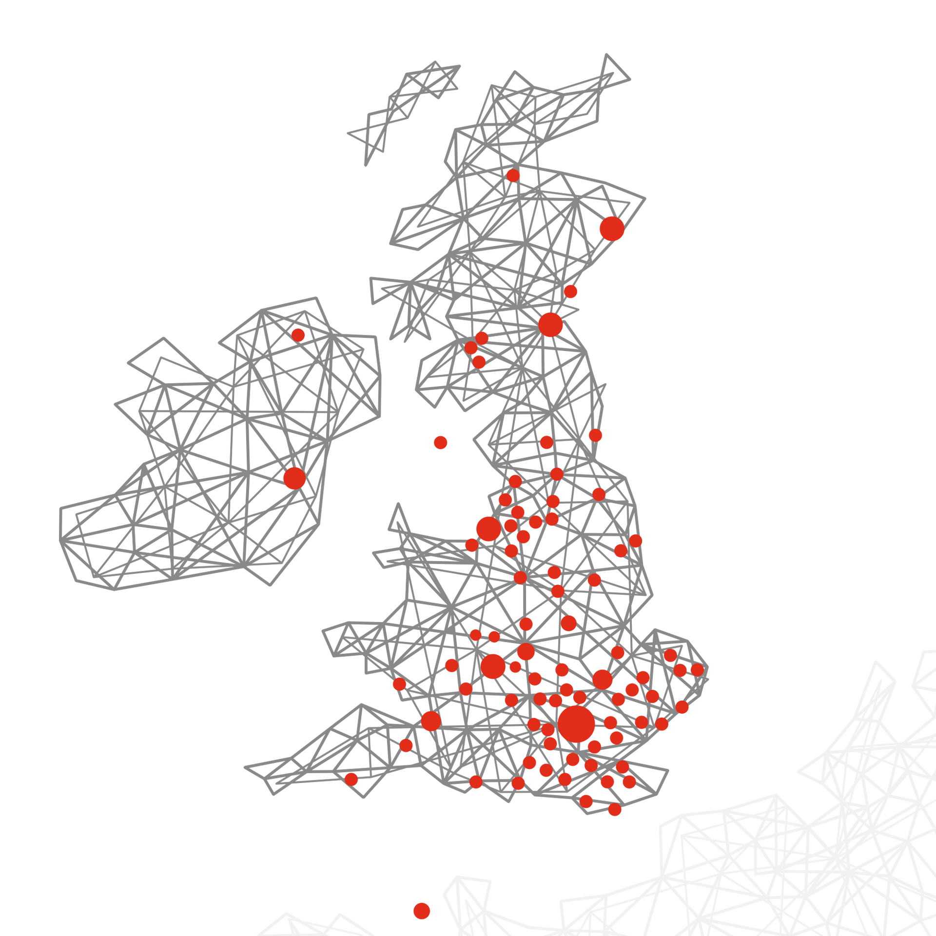 Graphic of a geometric-style map of the British Isles. There is a red dot on each location where one of Comfort's authorised dealers is. You can test our ergonomic mesh office chairs at these locations, ie office chairs london; office chairs Inverness. 