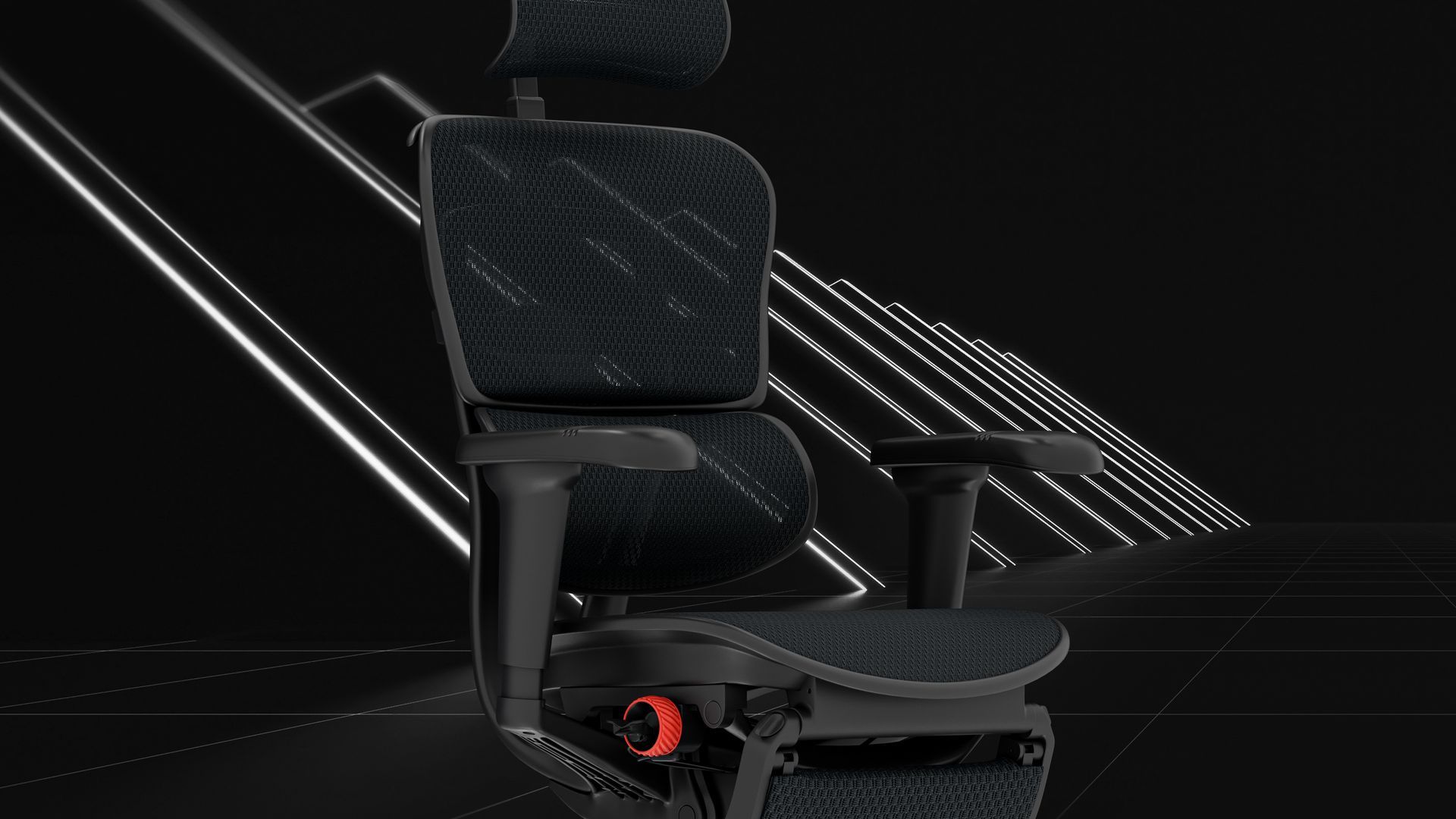 Ergohuman gaming chair in black facing front right in a large black, dimly lit room with white LED diaganol pillars behind