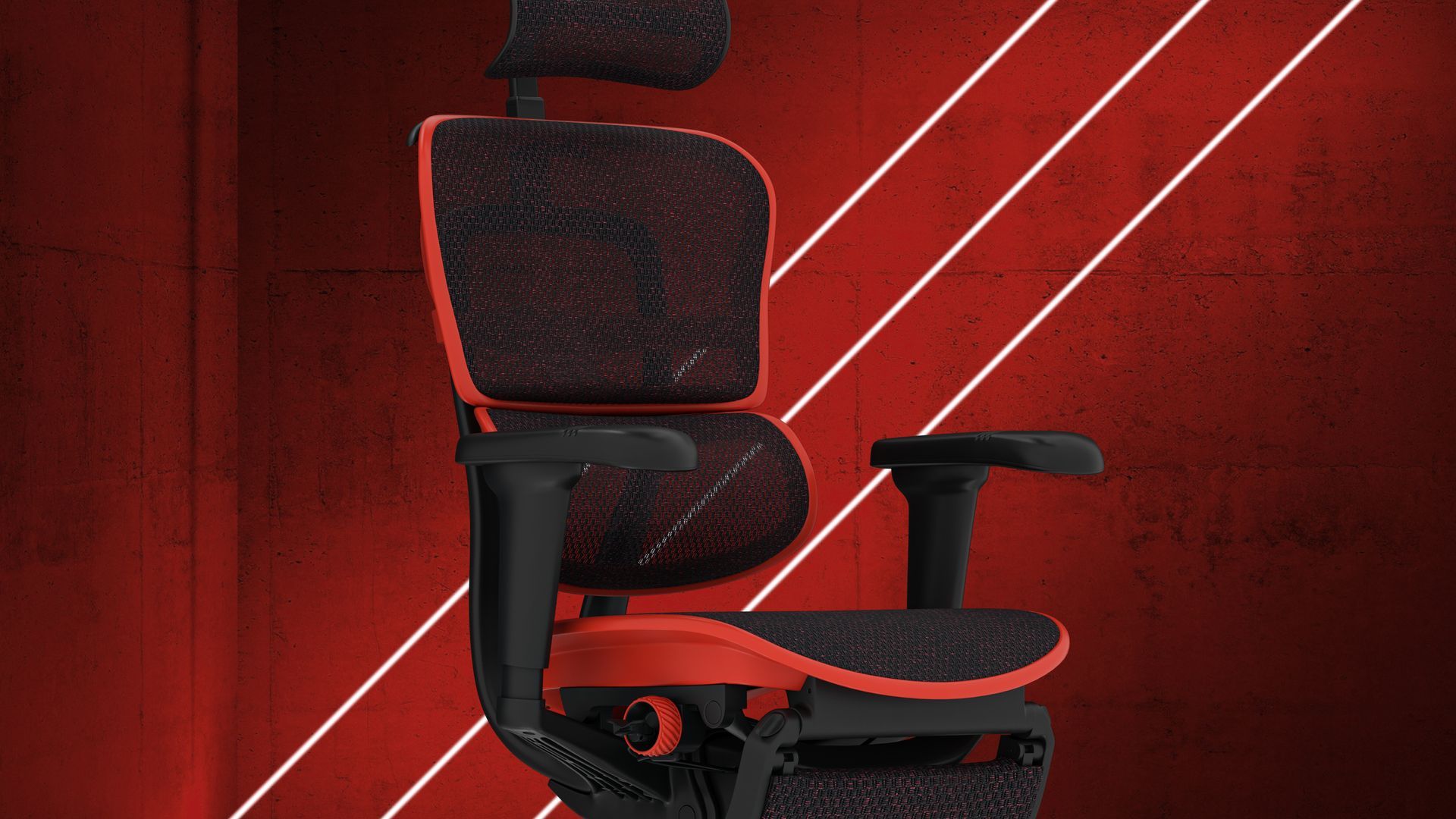 Red frame Ergohuman Carbon gaming chair facing front right. It's in front of a red background with three white diagonal LED strips