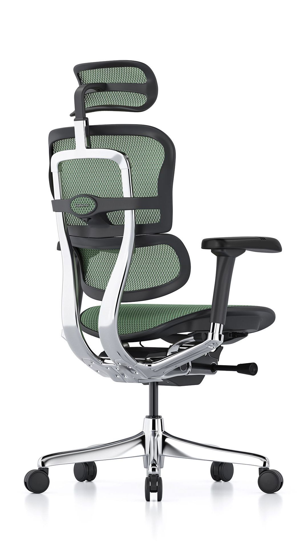 Ergohuman office chair with black frame and green mesh.