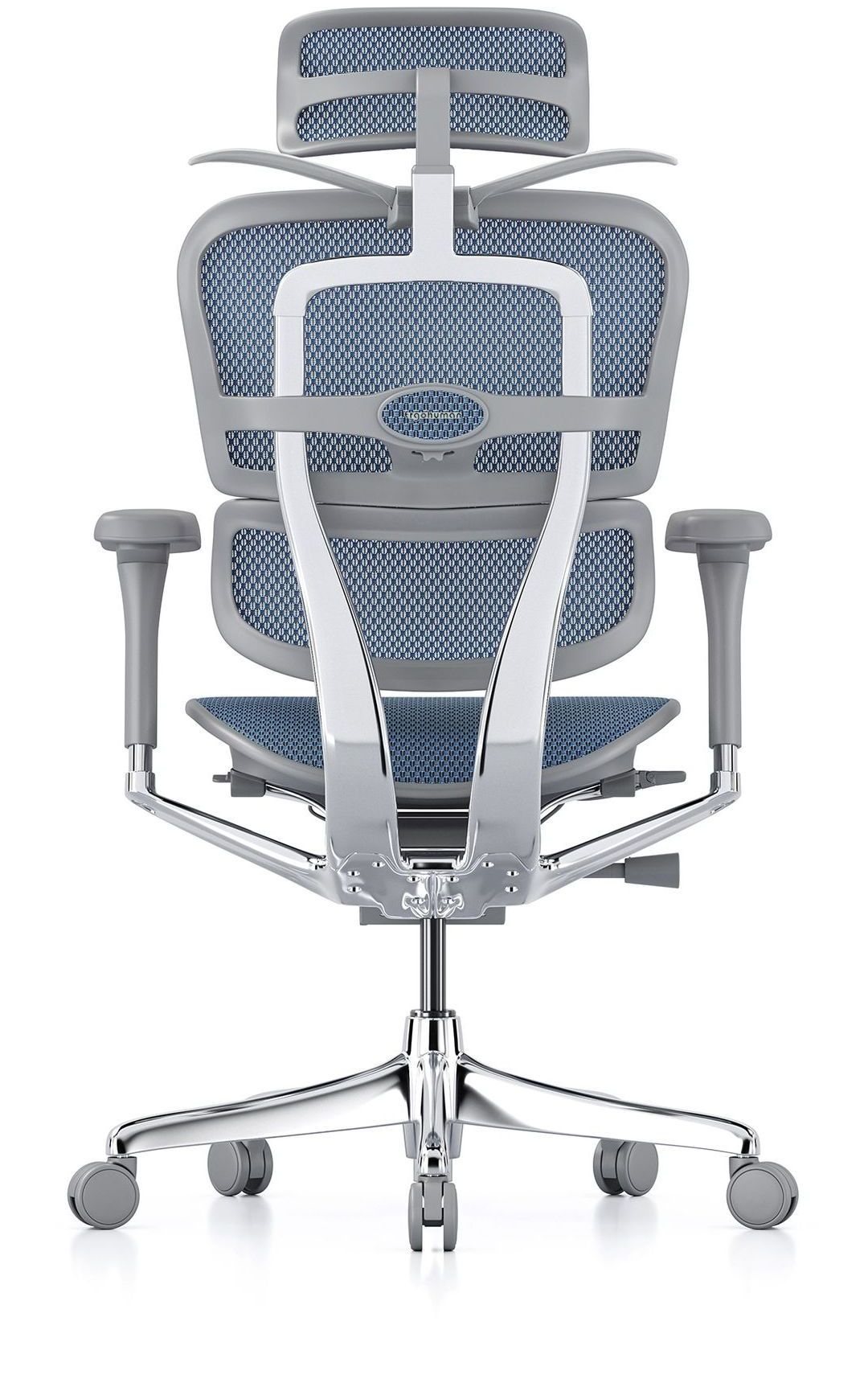 Ergohuman office chair with grey frame and blue mesh.