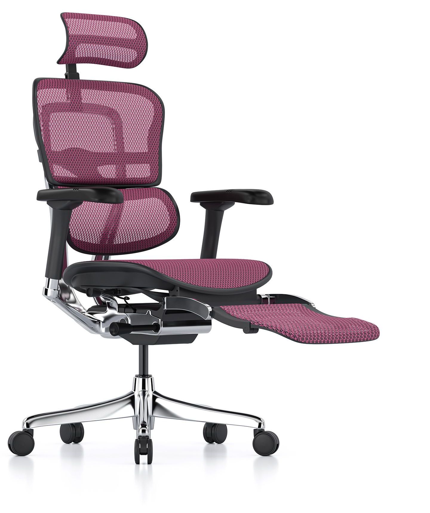 Ergohuman office chair with black frame and pink mesh.